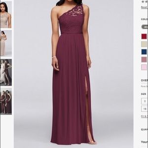 Wine -Long one shoulder lace dress with low slit